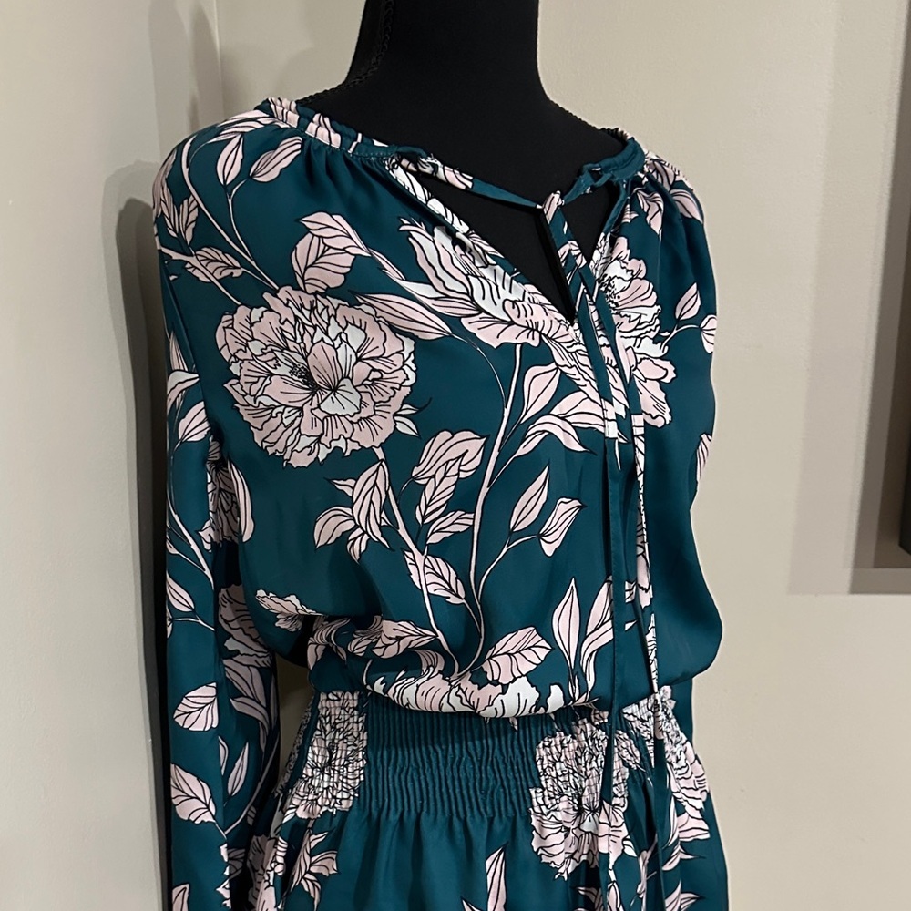*BOSTON PROPER* Teal Floral Tie-Neck Long Sleeve Dress Size XS - Picture 3 of 6